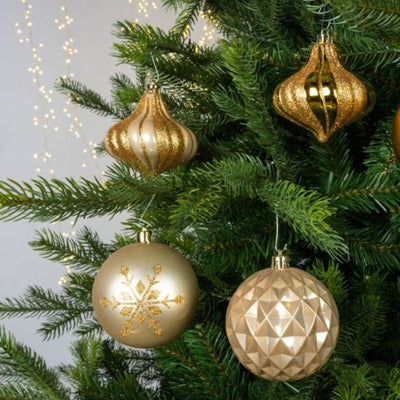 Gold Set of Mixed Baubles on Christmas Tree