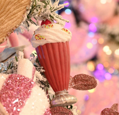 Babrbie Pink Milkshake Glass Tree Decoration with Pink Striped Candy decoration on Christmas Tree