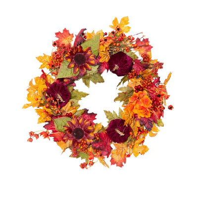 Autumn door wreath with plush pumpkins, berries and foliage