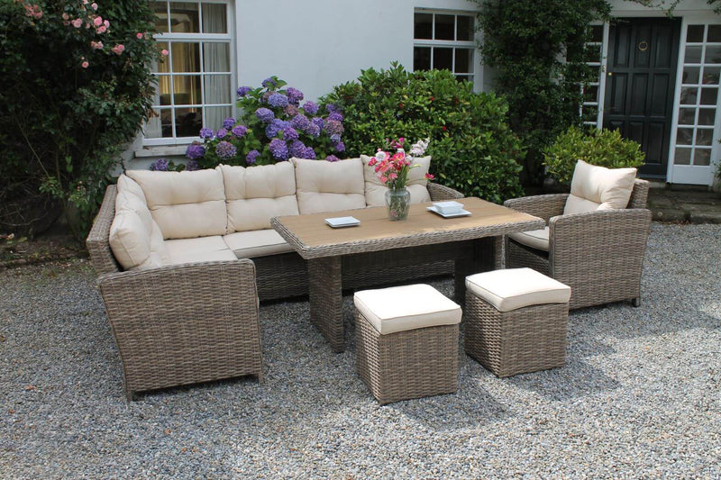 Rattan Lounge set with corner sofa, one armchair, 2 stools and a table