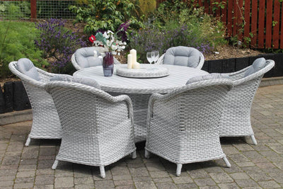 Rattan 6 seater outdoor dining set with lazy susan and cushions