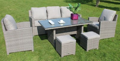Rattan Lounge Set with 3 seater, 2 armchairs, 2 stools and glass top rattan table