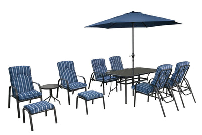 11 Piece Outdoor Dining Set, with parasol. Striped Cushions
