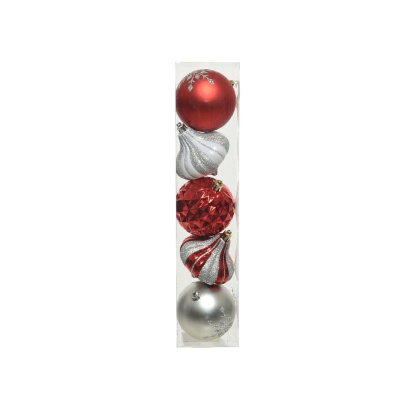 8CM Silver & Red Shatterproof Baubles Pack of 5