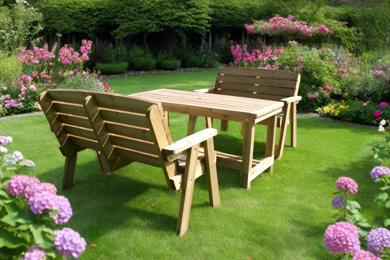 wooden garden bench and table