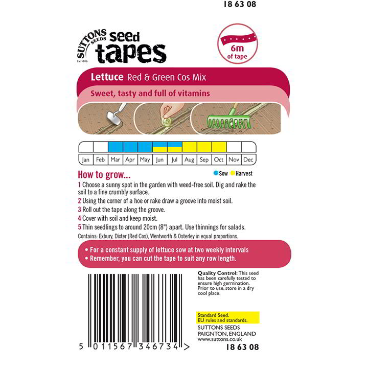Suttons Seed Tapes Lettuce Red and Green Cos Mix