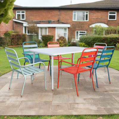 colourful table and chairs set for outdoor dining