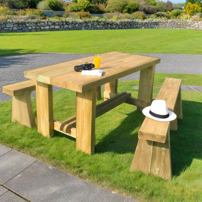 wooden picnic bench in irish garden