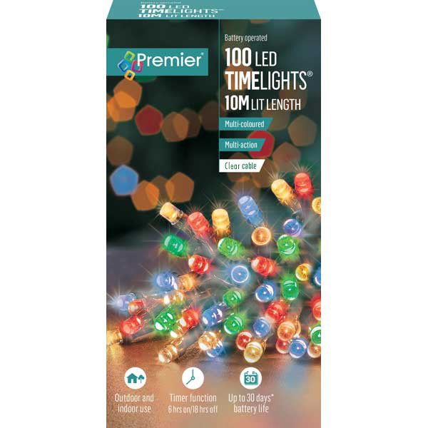 100 Battery Operated TimeLights Multi-Coloured With Clear Cable