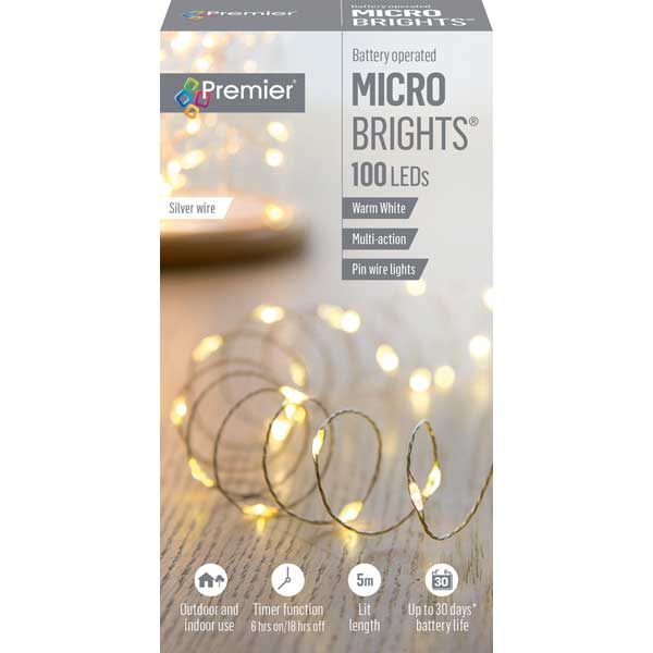 Warm White Battery Operated LED String Lights with silver pin wire