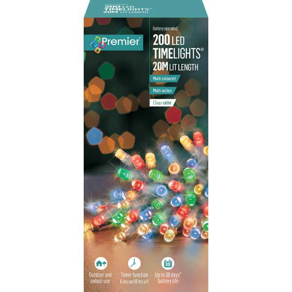 200 Battery Operated Multi-Coloured  TimeLights With Clear Cable