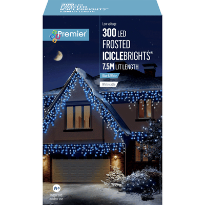 300 Blue & White LED Frosted Icicle Brights Christmas Lights with white cable. indoor and outdoor use