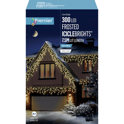 300 Warm White LED Frosted IcicleBrights Christmas Lights. Indoor and outdoor use
