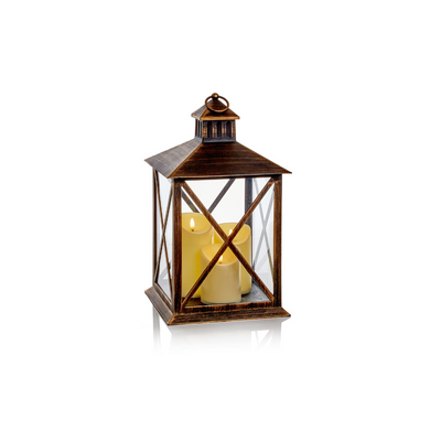 40cm Antique gold coloured lantern with 3 battery operated candles