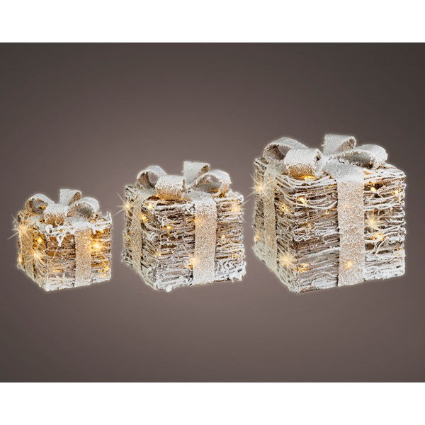 Battery Operated Set Of 3 Rattan LED Giftbox Light Gold With Gold Bow