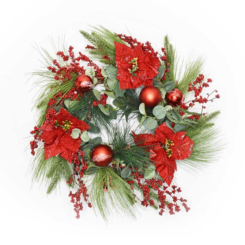55CM Christmas Red Spritz Wreath with Poinsettia, baubles, berries.