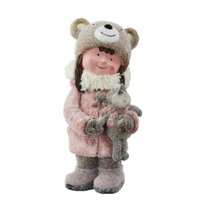 Little Girl in Pink Outfit holding Reindeer teddy bear Christmas Figurine