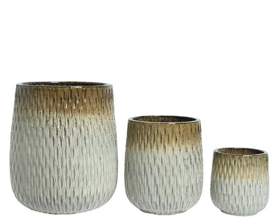 Large, medium and small off white plant pots with pattern design