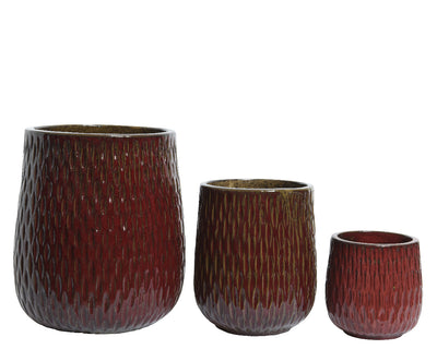 Large, medium and small plant pots in red with design