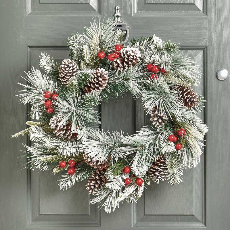 Christmas Door Wreath with pine cones berries and frosted tips