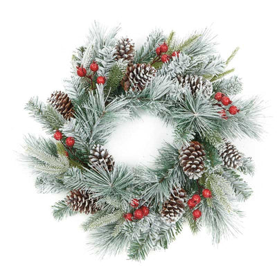 60CM Flocked Winter Wreath with pine cones and berries