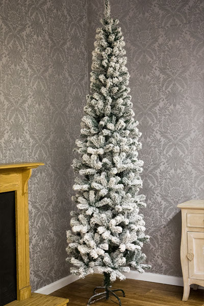 Flocked Slim Spruce Pine Artificial Christmas Tree in Sitting Room