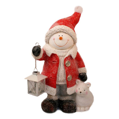 Frosty Snowman with Lantern and Bear in a red Christmas Suit