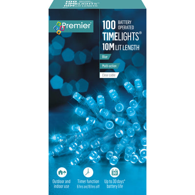100 Battery Operated Blue TimeLights With Clear Cable