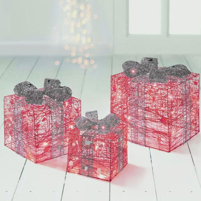 Set of 3 red and silver light up gift boxes