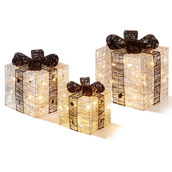 Light Up Gift boxes in silver with black bows set of 3 different sizes
