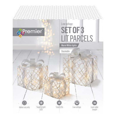 Set of 3 light up gift boxes in silver with warm white lights