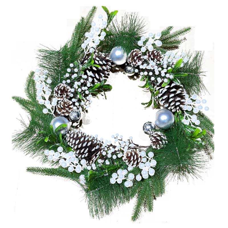 60CM Christmas Everest Wreath snowy with baubles berries and pine cones