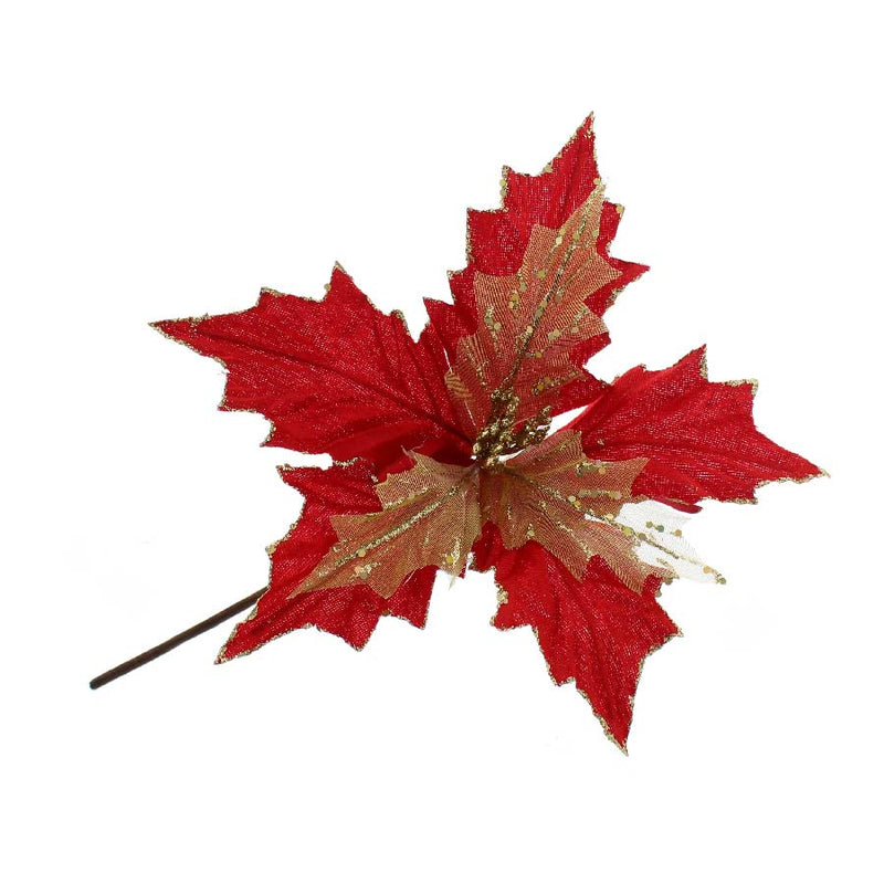 30CM Red and Gold Leaf Poinsettia Pick