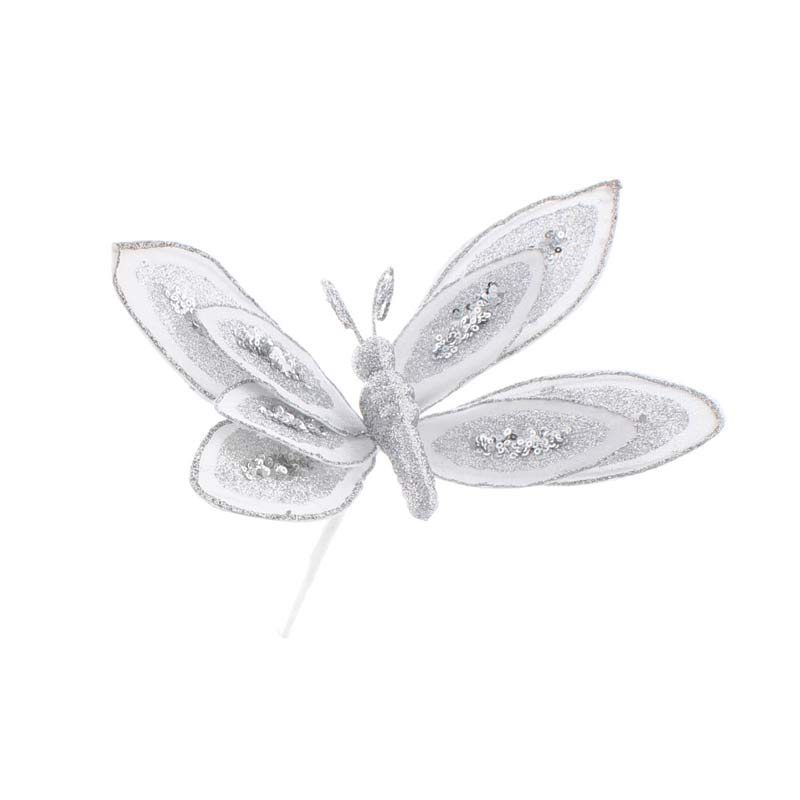 26CM White Glitter Butterfly Stem