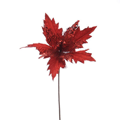 55CM Red Poinsettia with Sequin Holly Stem