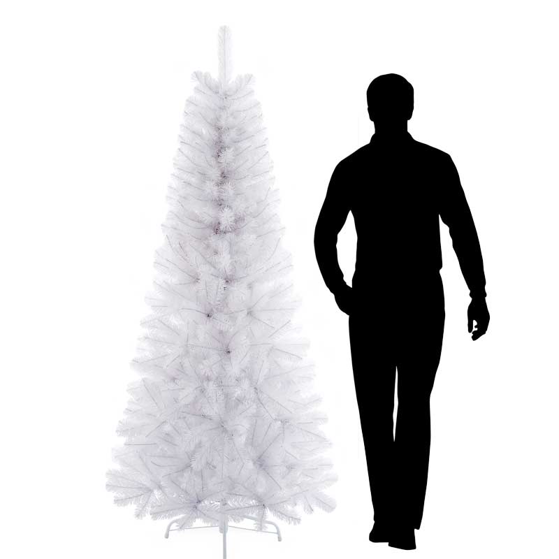 White artificial Christmas tree with silhouette of man to show size