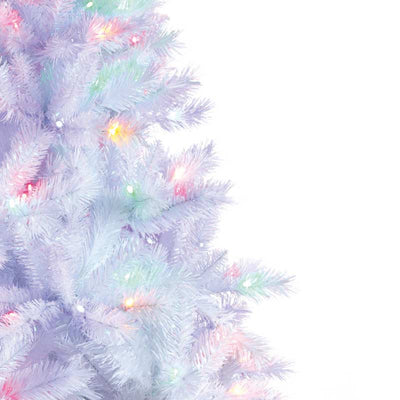 Detail of artificial white Christmas Tree with multicolour lights