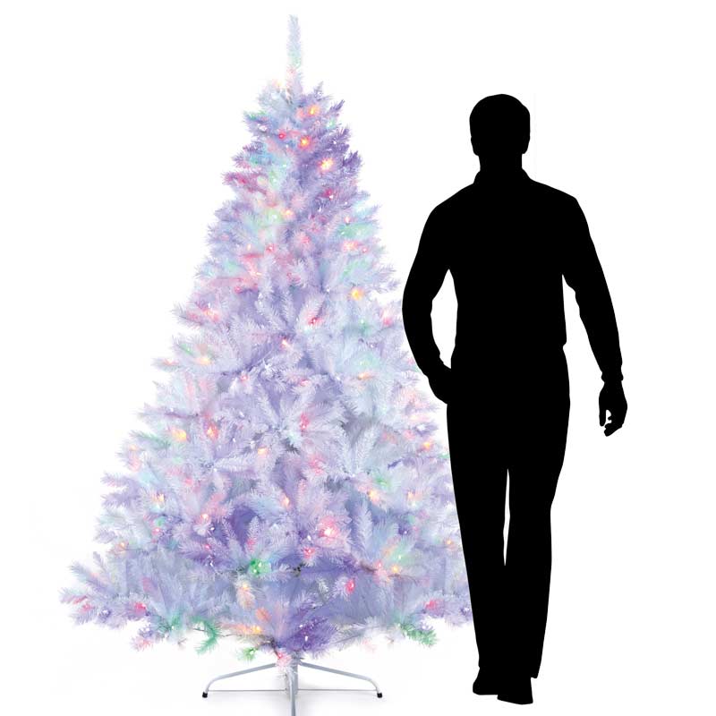 Silhouette of Man to show height of white multi coloured pre lit Christmas Tree