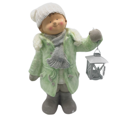 Little Boy Figurine wearing winter coat and carrying a lantern